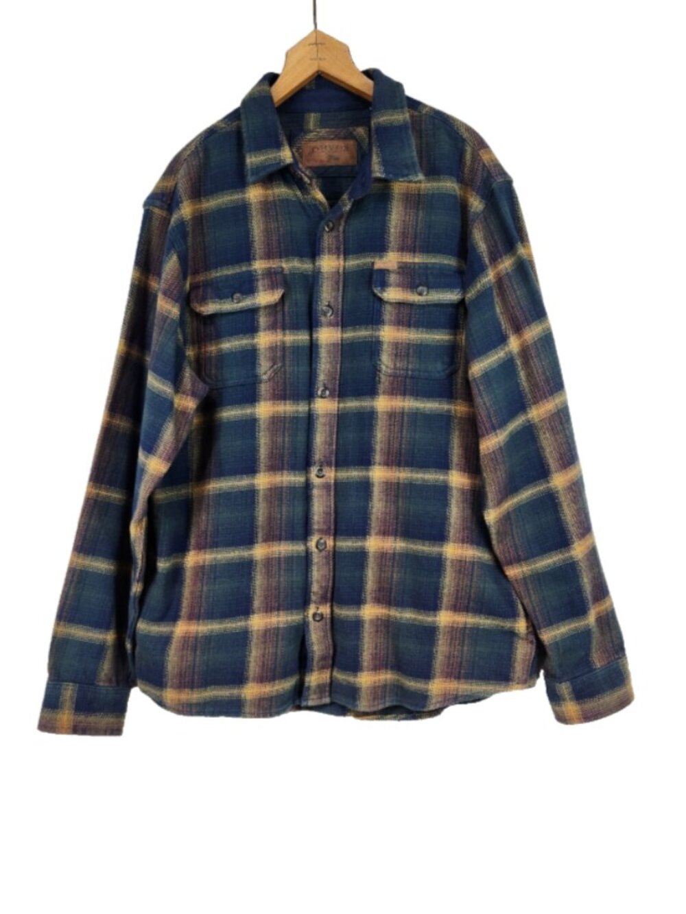 Orvis Shirt Jacket Mens L Shacket Heavy Blue Tan Plaid Button Up Flannel Outdoor
